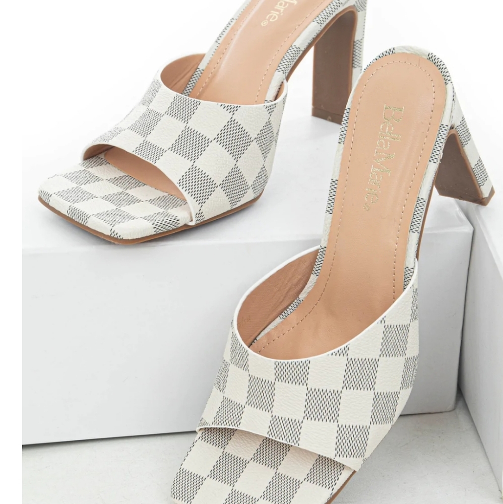 Coconut Faux Leather Checkered Open Toe Mules